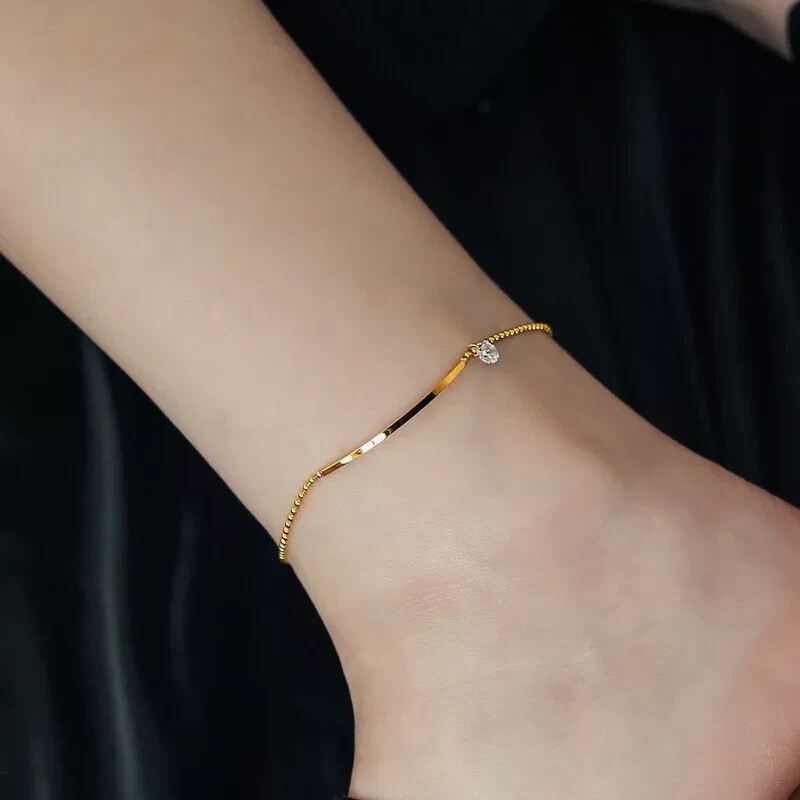 18K Gold Plated CZ Charm Bead Chain Bangle Anklet for Women 10 Inch
