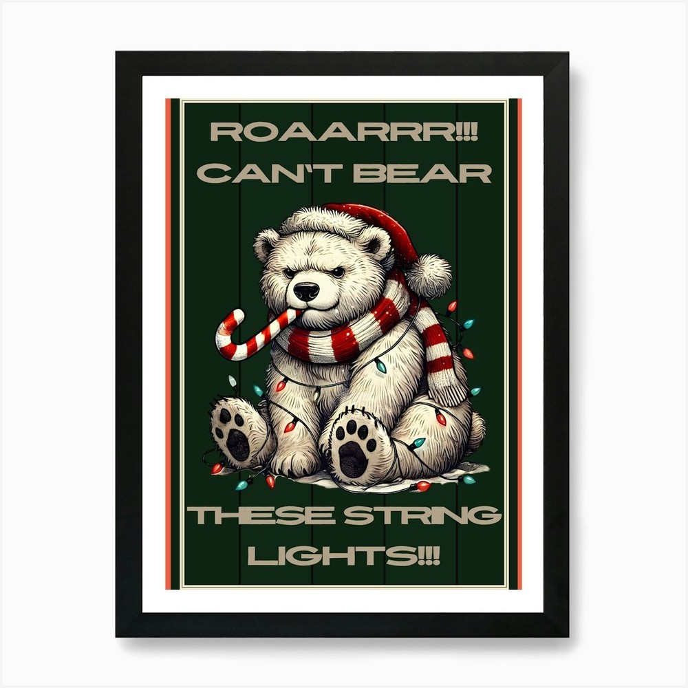 Grumpy Polar Bear Christmas Lights Framed Wall Art Canvas Print