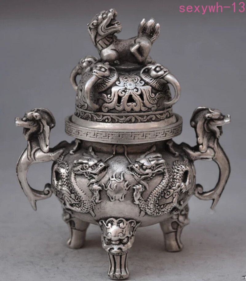 Chinese Buddhist Manual Old Silver Copper Dragon Lion Statues Incense Burner