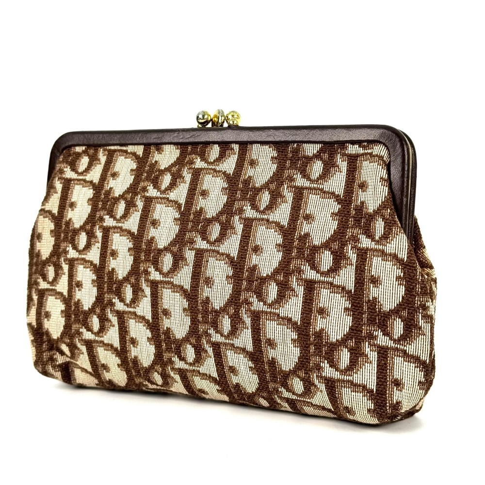 DIOR Trotter Clasp Coin Case Wallet  Purce Canvas Leather Brown Gold