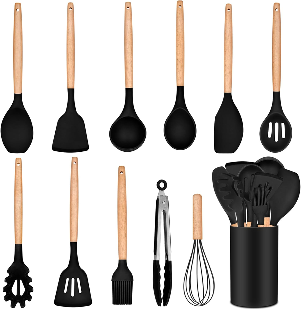 12PCS Cooking Kitchen Utensils,  Silicone Utensil Head with Wooden Handle, Turne
