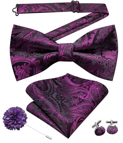 Men's Pre-Tied Bow Tie Set with Pocket Square & Lapel Pin - Black Purple Paisley Floral