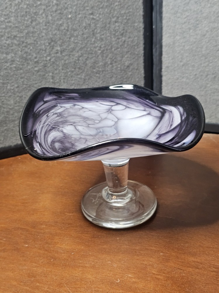 Hand Blown White and Purple Swirl Studio Art Glass Compote Signed Artist