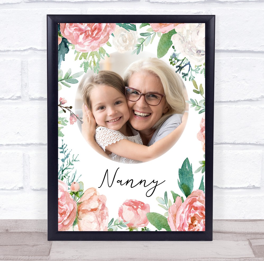 Watercolour Pink Floral Photo Heart Nan Nanny Personalised Gift Art Print