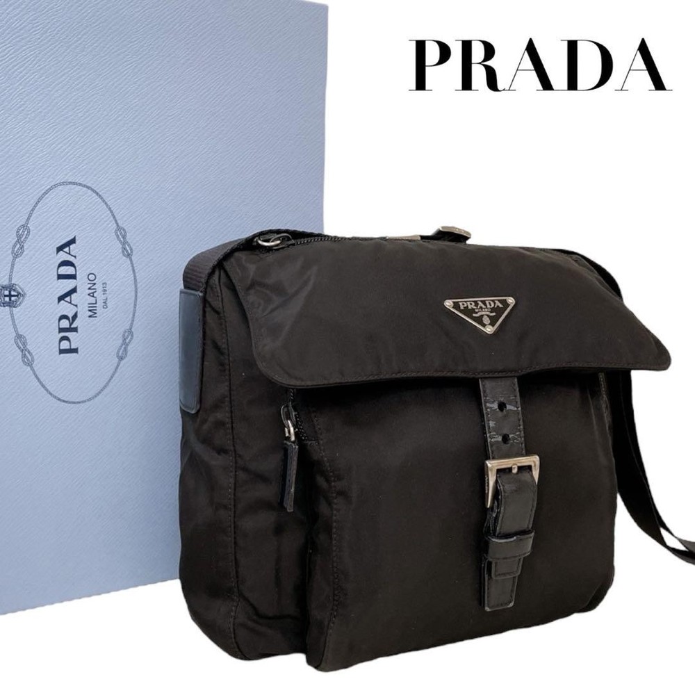 Prada Black Nylon Shoulder Bag With Triangle Logo Flap Excellent Condition Japan