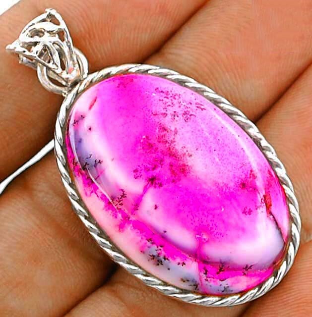 Natural Pink Dendrite Opal 925 Solid Sterling Silver Pendant Jewelry