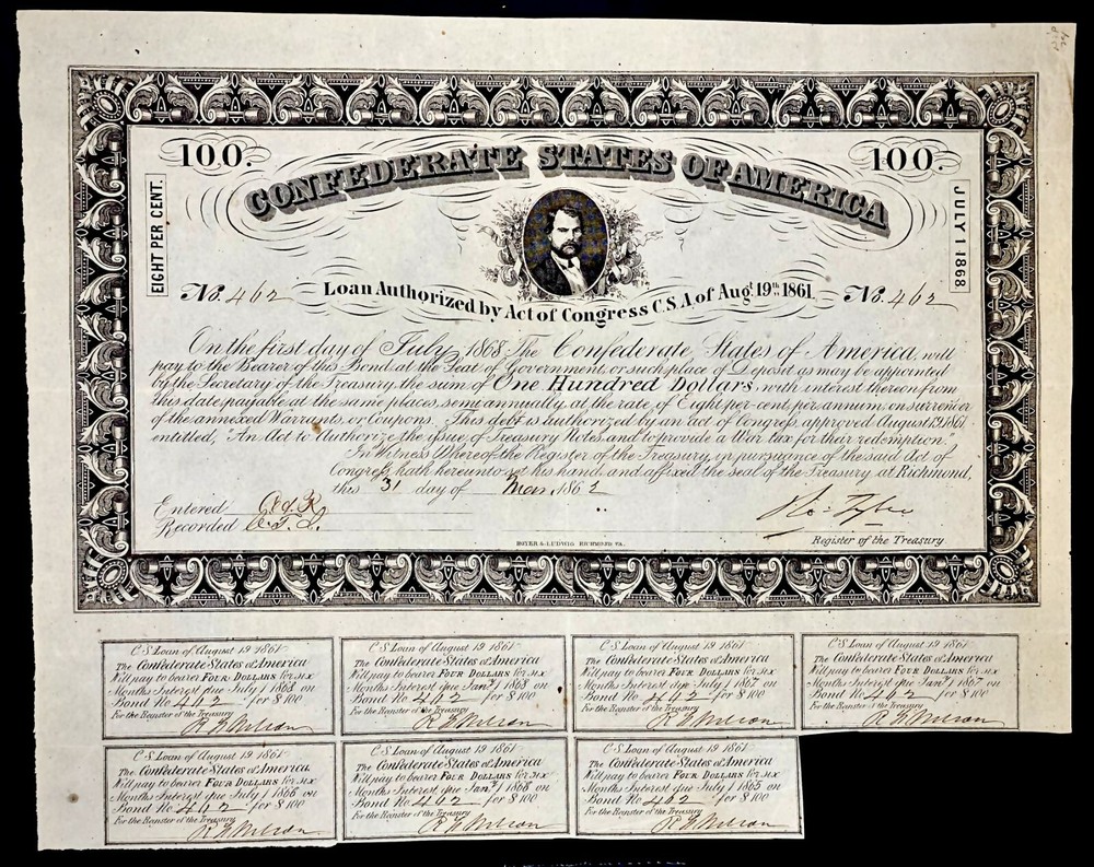 $100 Confederate States Coupon Bond Criswell 28 Ball 51 Civil War Era Collectible-image