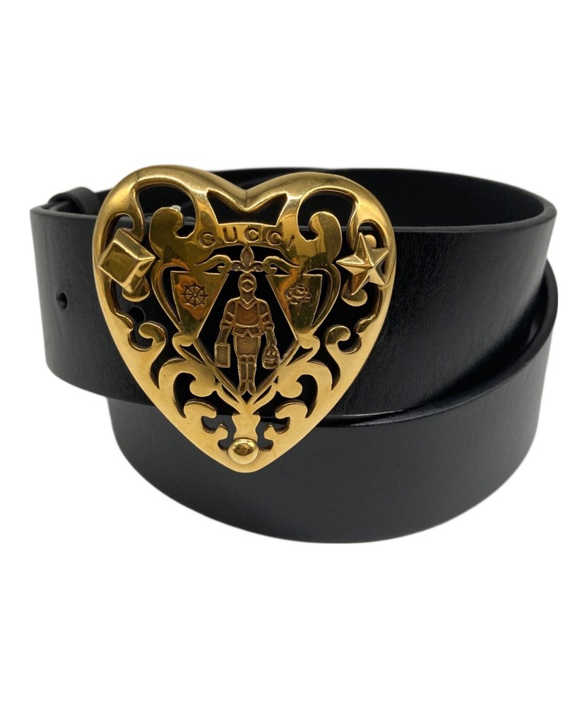 Gucci Black Heart Crest Leather Belt Authentic Japan RA