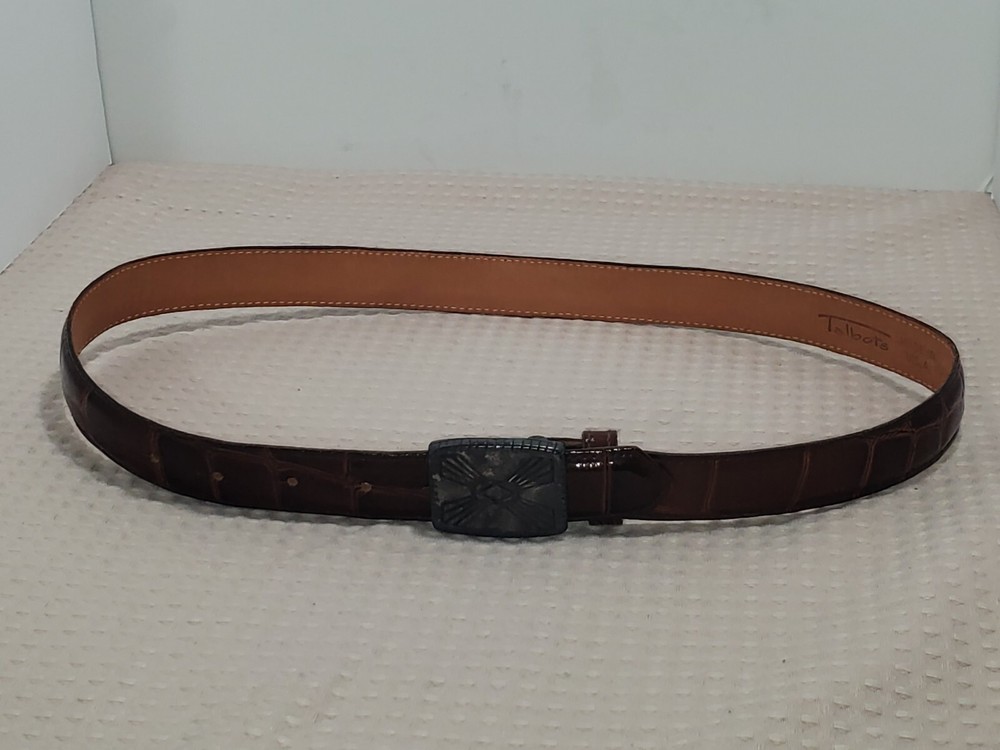 Vintage Women's Talbots Brown Leather Belt Size M Silver Buckle 9565 Made USA