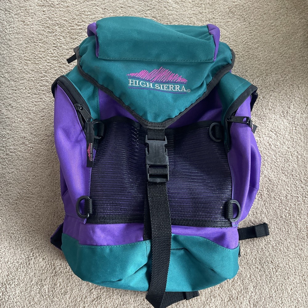 Vintage High Sierra Green Purple 90’s Drawstring Hiking Travel Classic Backpack
