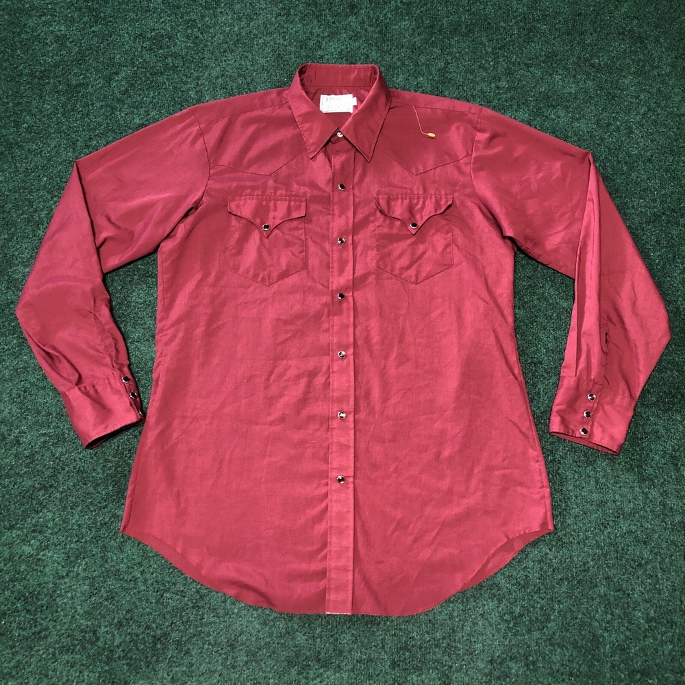 Vintage H Bar C Pearl Snap Wester Shirt Red Long Sleeve Size 16.5 - 35 Cowboy