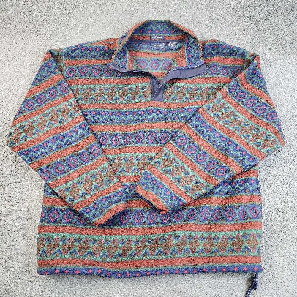 Vintage Van Heusen Sweater Mens Large Multicolor Fleece Quarter Zip Aztec 90s