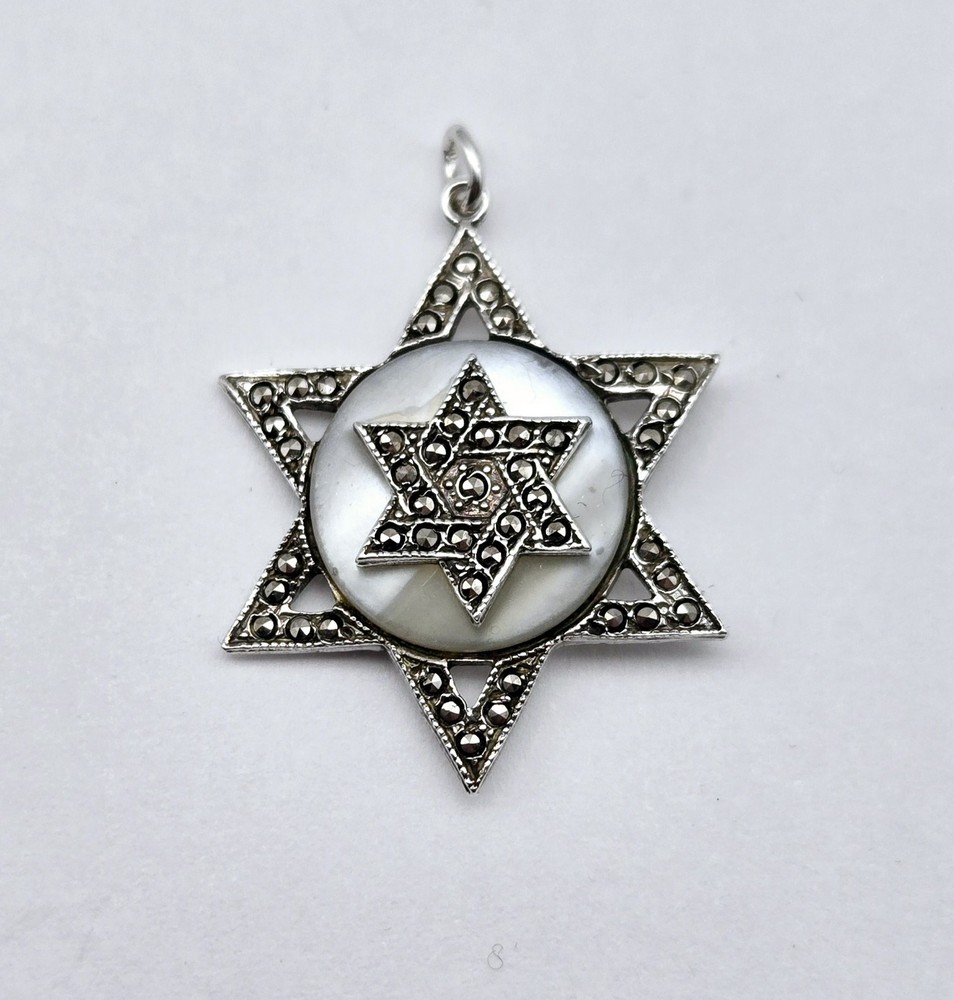 VTG Star of David Mother of Pearl & Marcasite Jewish Sterling Silver Pendant