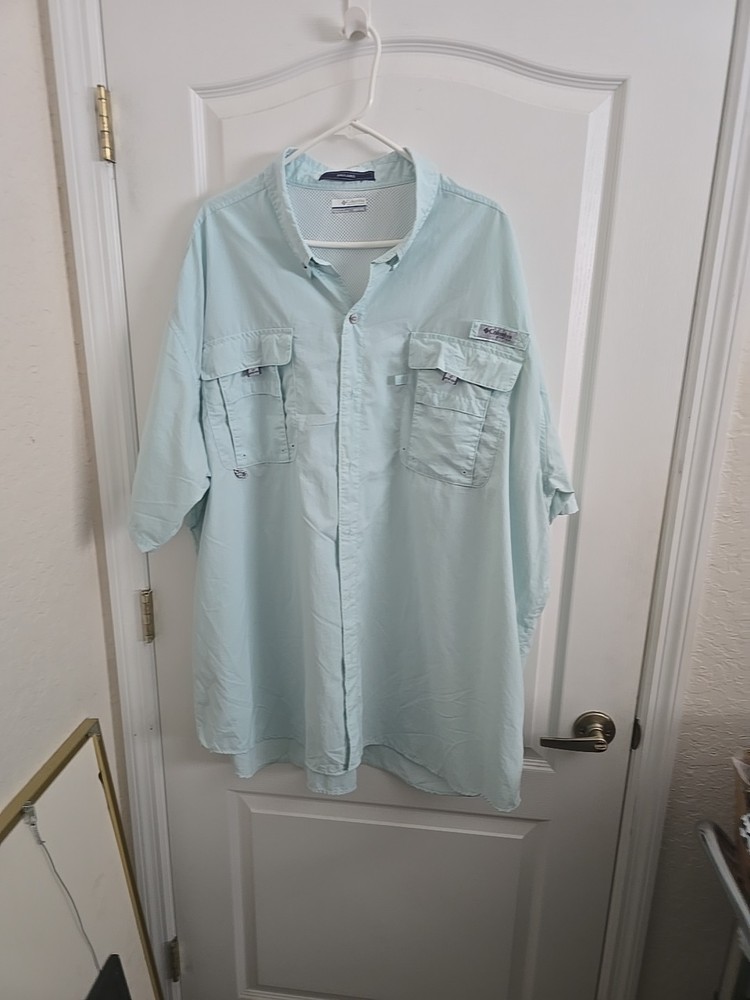 Columbia PFG Bahama II Short Sleeve Fishing Shirt Light Teal Nylon Mens 4xl/4l