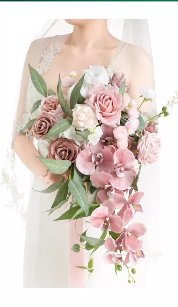 Ling's Moment Dusty Rose Bridal Bouquet Cascading, Pink Wedding Bouquets 15”
