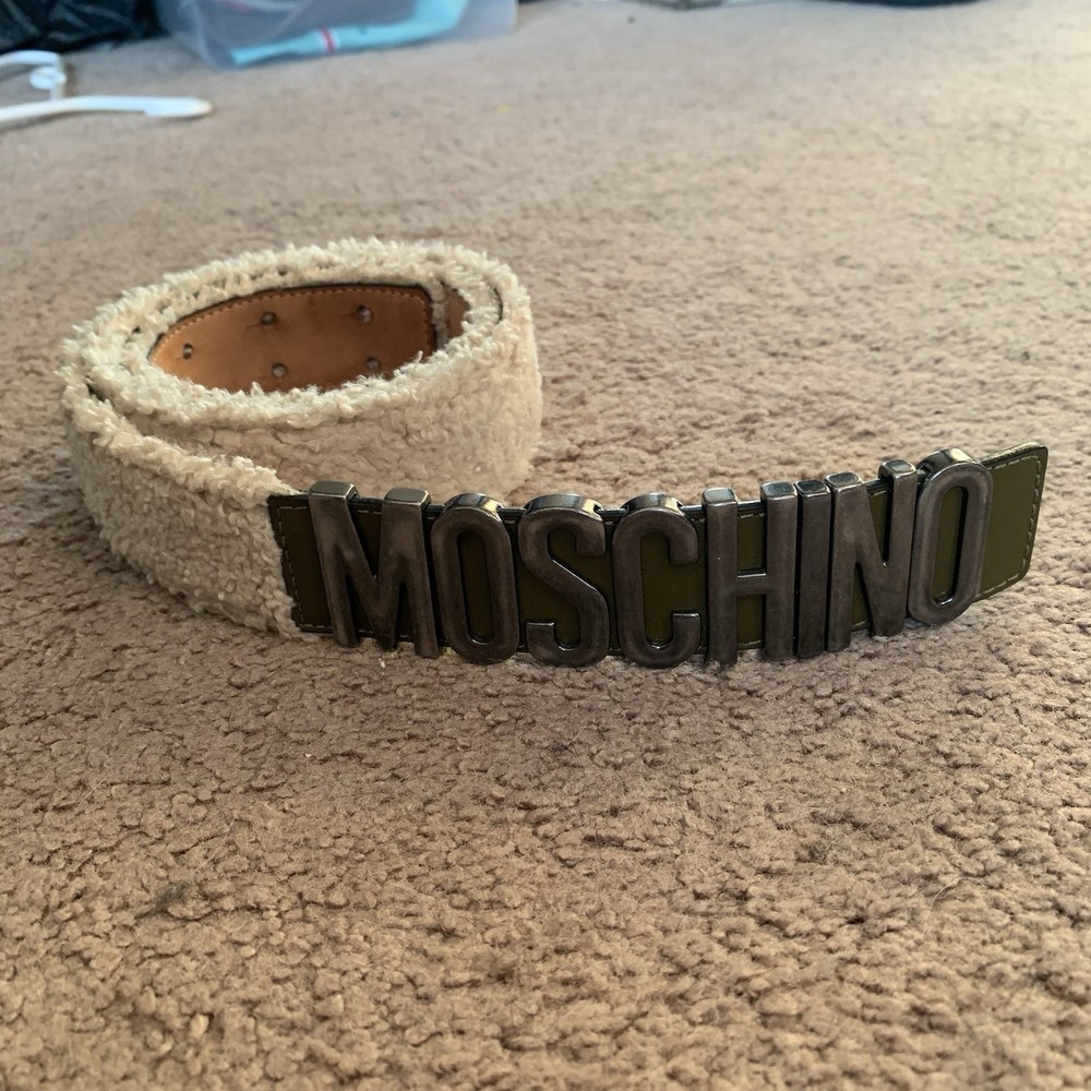 MOSCHINO MENS MILANO LOGO LEATHER BELT 44 US 28-30 Faux Fur RARE AUTHENTIC