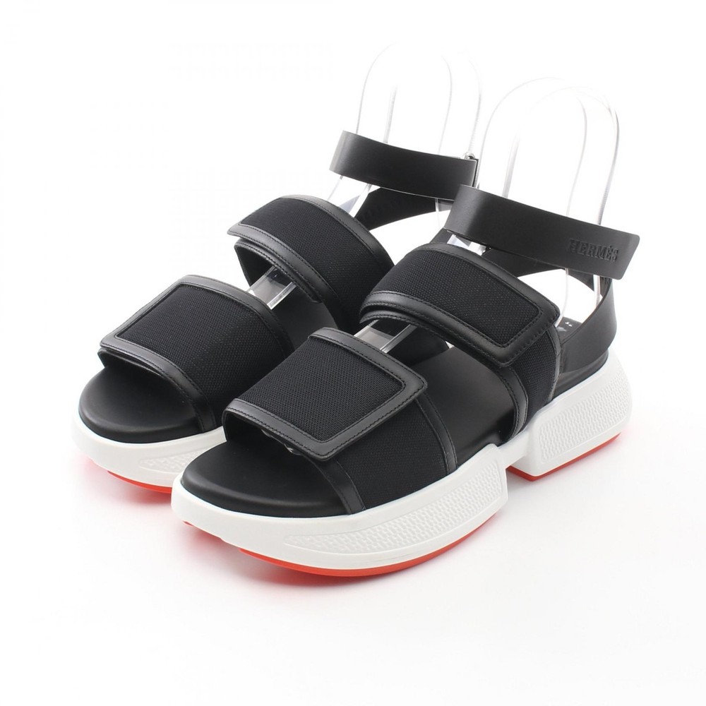 HERMES Geek Sandals Black Leather & Fiber Women Size 38 Pre-Owned