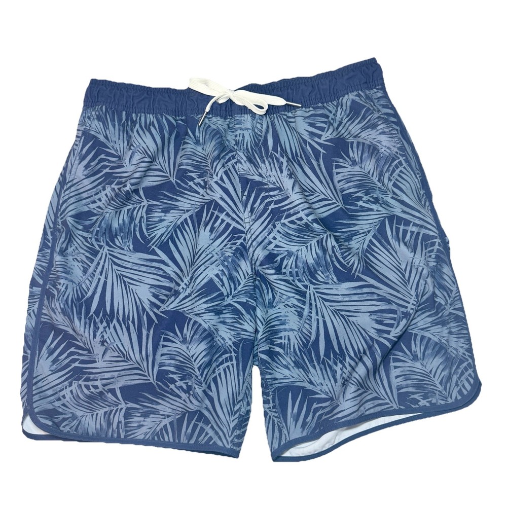 Fair Harbor Swim Trunks Shorts Mens L 8” Navy Blue Palm Leaf Print Lined Beach