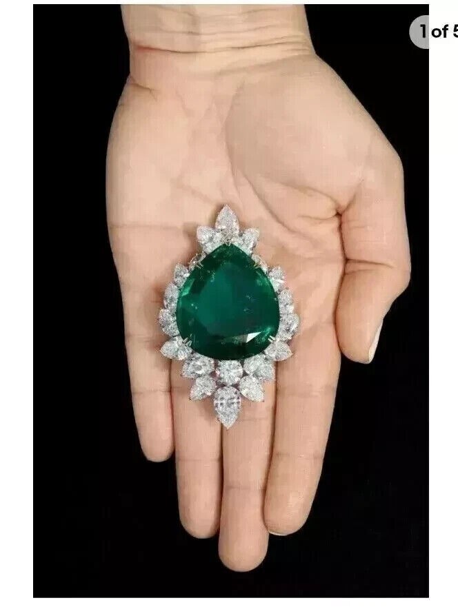 2.90 Ct Pear Lab Emerald Teardrop Brooch in 14K White Gold