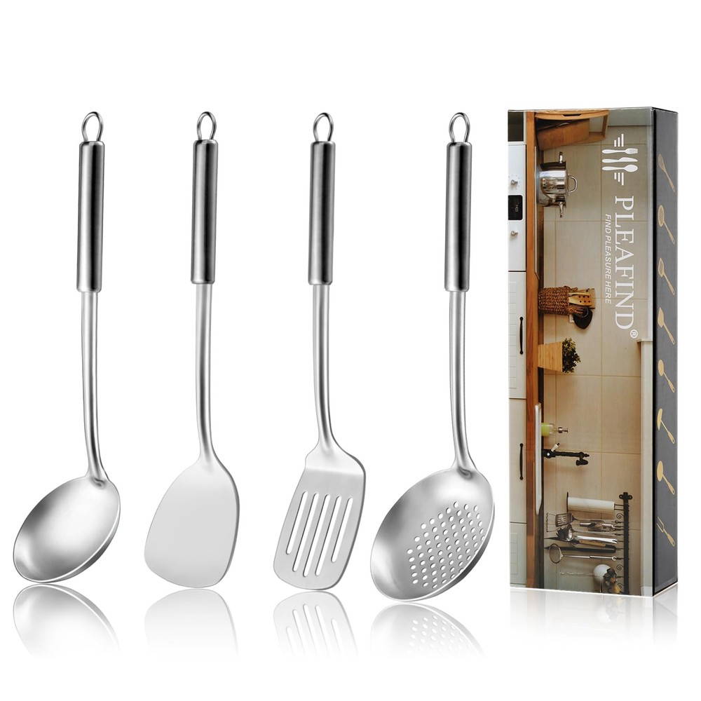 Pleafind 4-Pcs Cooking Utensils Set, Stainless Steel Kitchen Utensils, Wok Ut...