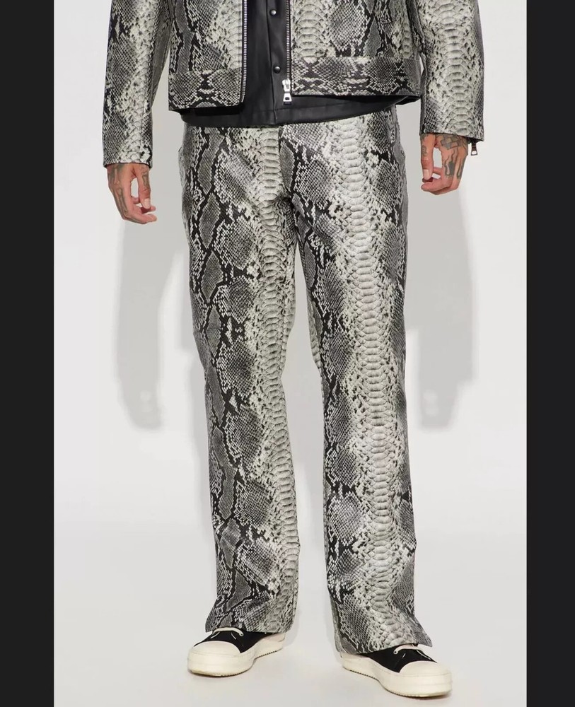 Men's Gray Python Print Leather Pants in Soft Lamb Leather