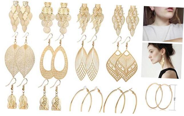 12 Pairs Hoop Earrings for Women Long Layered Leaf Earrings Vintage Gold