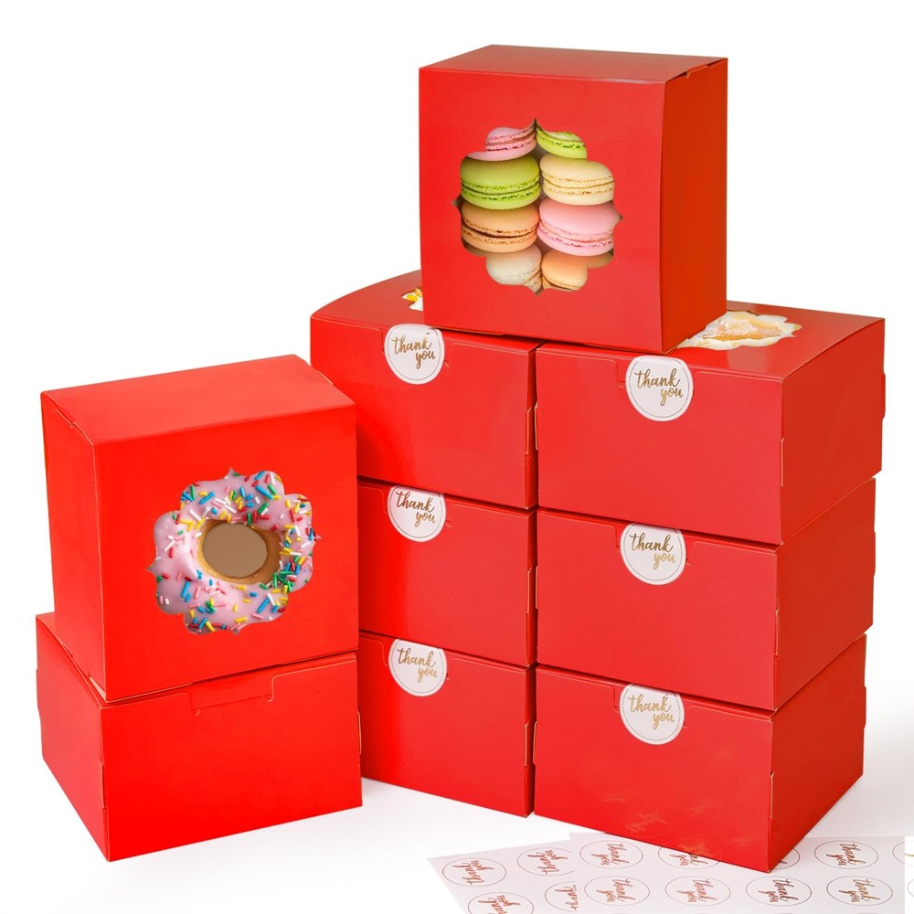 4-Inch Small Cookie Boxes 100 Pcs Red - Bakery Treat Boxes with Window for Ch...
