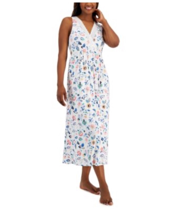 Charter Club Lace-Trim Printed Long Nightgo Blue Dlcte Flrl XL #21