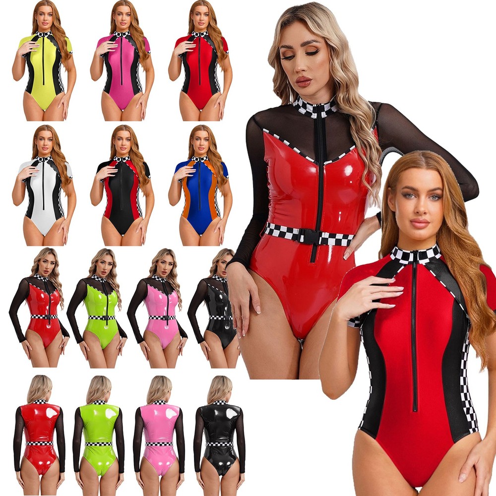 Women Racer Driver Jumpsuit One Piece Checkerboard Bodysuit Front Zip Leotard