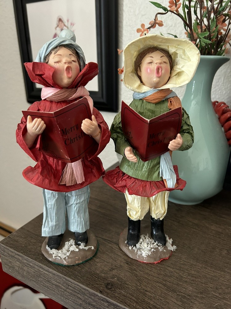 Pair Of Vintage Paper Mache Christmas Carolers Figurines , 9.5”