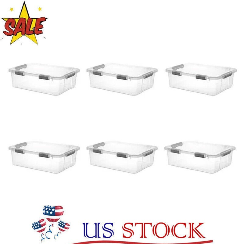6 Pack 40 Qt Storage Box Container Durable Organizer Stackable Household Plastic