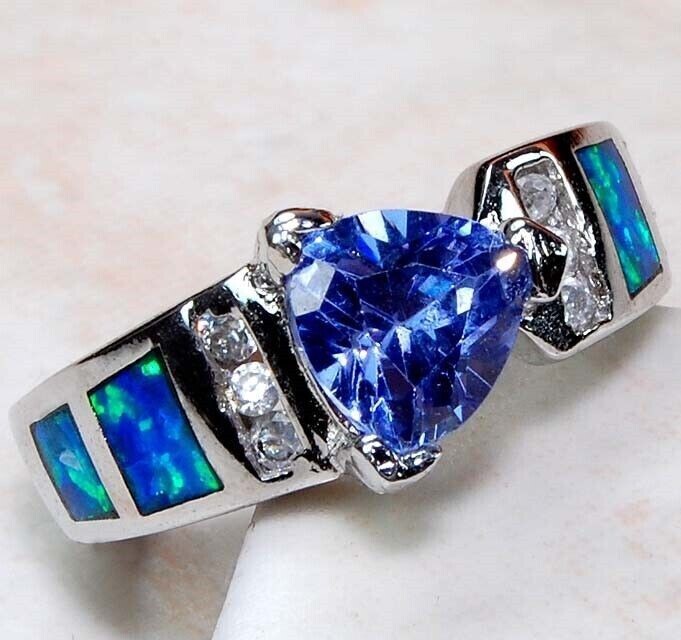 1CT Treated Sapphire & Australian Opal Inlay 925 Sterling Silver Ring Sz 6 BA2