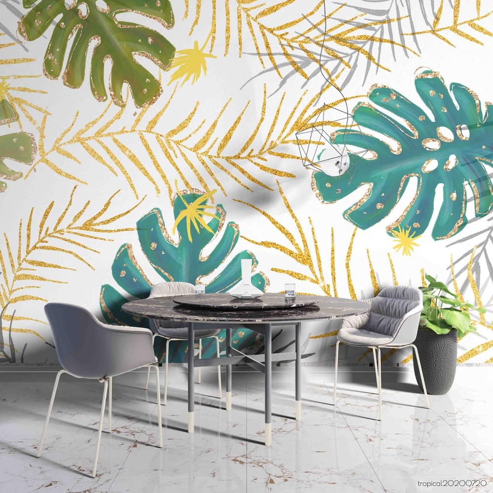 3D Gold Green Plants Leaves Wall Murals Wallpaper Murals Wall Sticker