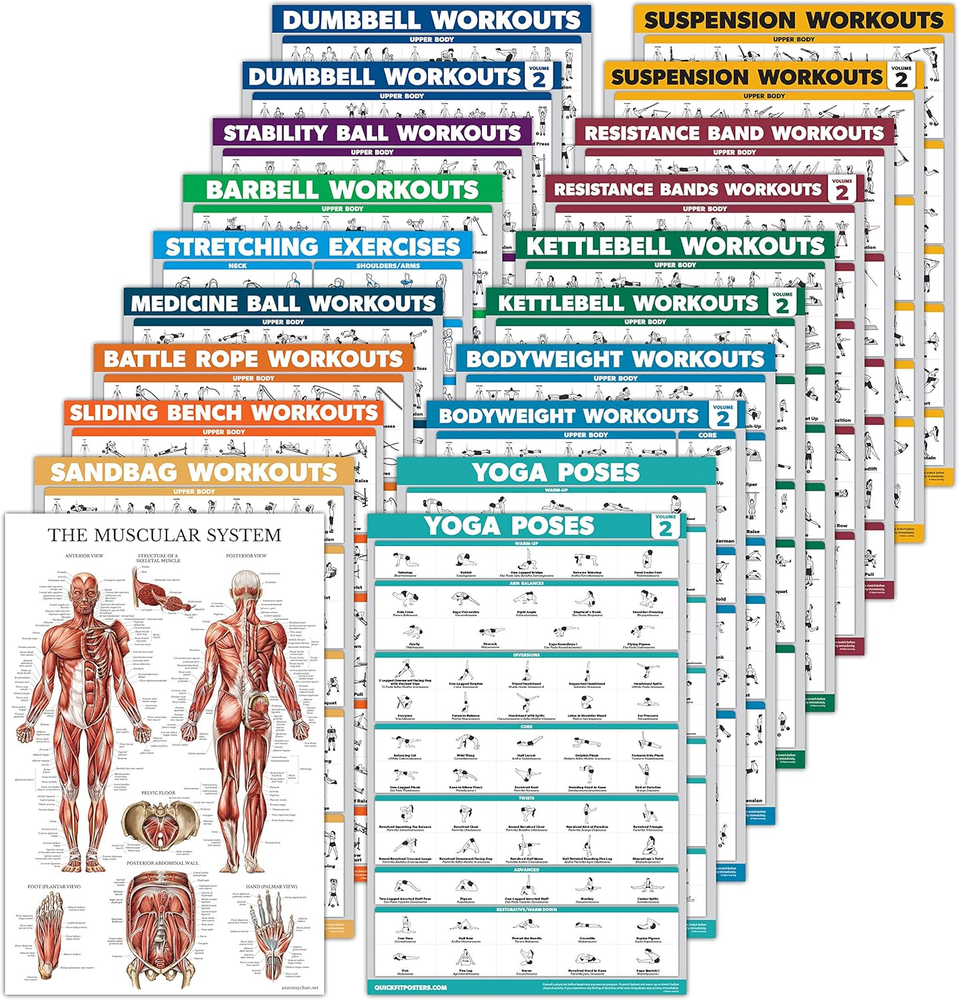 20 Pack - Exercise Workout Poster Set: Dumbbell, Suspension, Battle Rope, Stretc