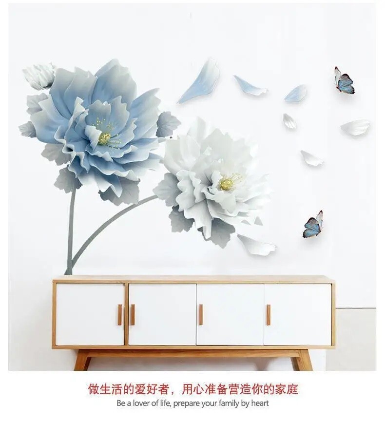 Removable Wall Sticker Blue Lotus Flower Decal Vinyl Bedroom Home Decor Romantic