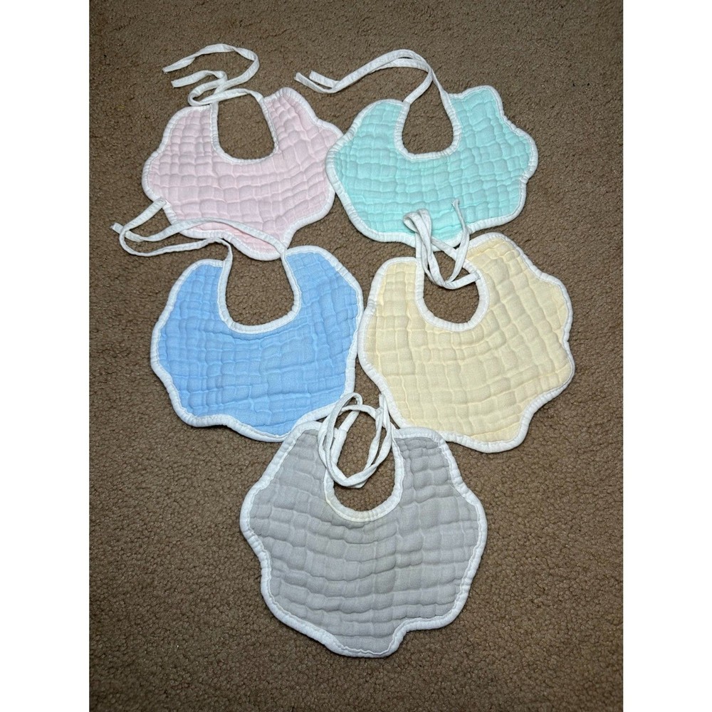 Pastel Muslin Baby Bibs with Scallop Edge & White Trim - 5 Pack 100% Cotton
