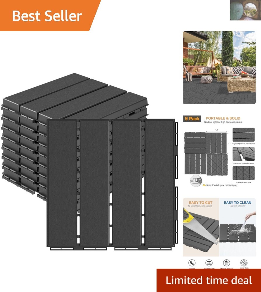 Dark grey interlocking deck tiles 9-pack lightweight snap-together installation