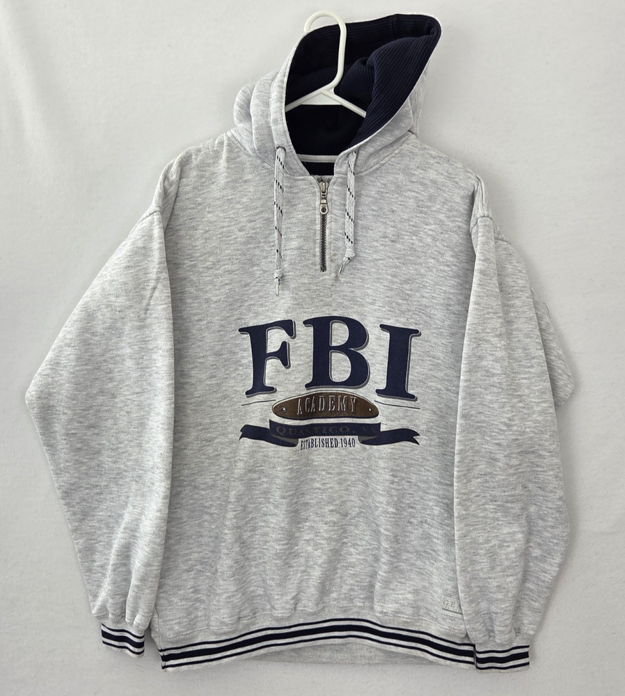 VTG Men's FBI Academy Hoodie Sweatshirt Men’s L Large 90s Graphic Pullover Gray