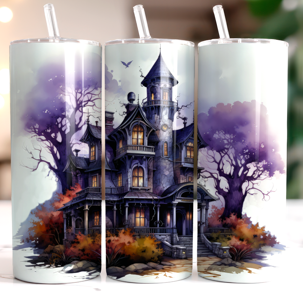 Haunted House Multicolor 20oz Insulated Tumbler With Box Lid Clear Straw New
