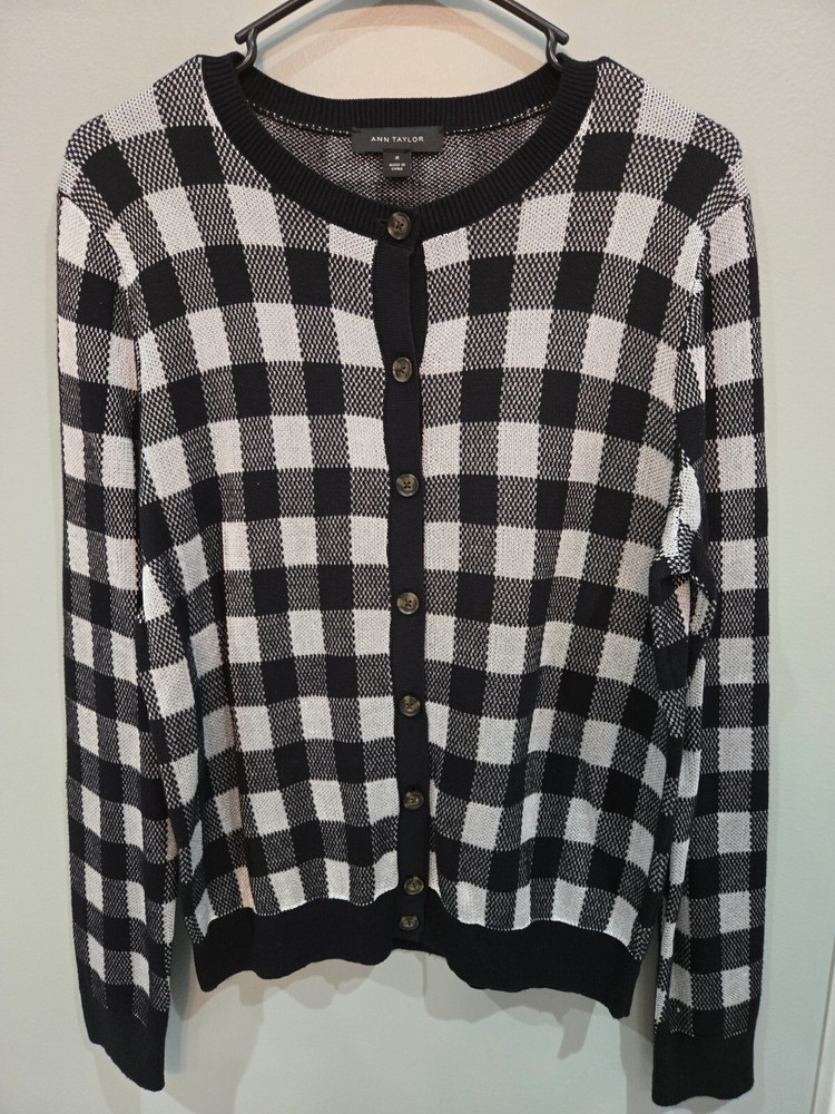 Ann Taylor checked button front sweater cardigan size Medium