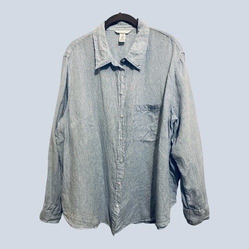 H&M Womens Linen Button Up Long Sleeve Sky Blue Shirt Coastal Lagenlook  Size XL