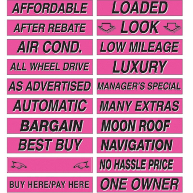 Car Dealer Windshield Stickers Slogans Pink and Black 5 packs 15
