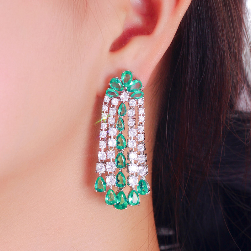 Women Sparkly Silver Plated Green Water Drop Zircon Long Dangle Tassel Earrings