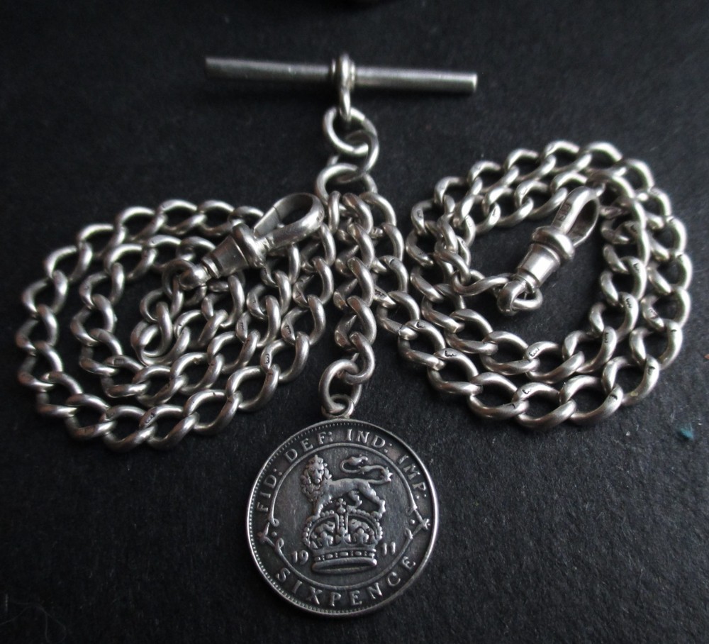 Double Albert Sterling Silver Antique  Watch Chain Hallmarked Links T Bar 1881