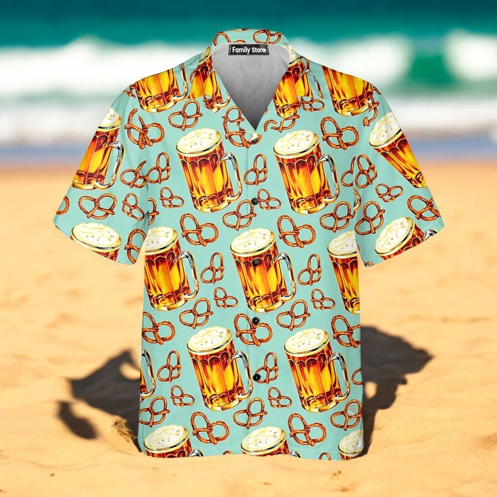 Beer and Pretzel Hawaiian Shirt Men's Summer Short Sleeve US Size