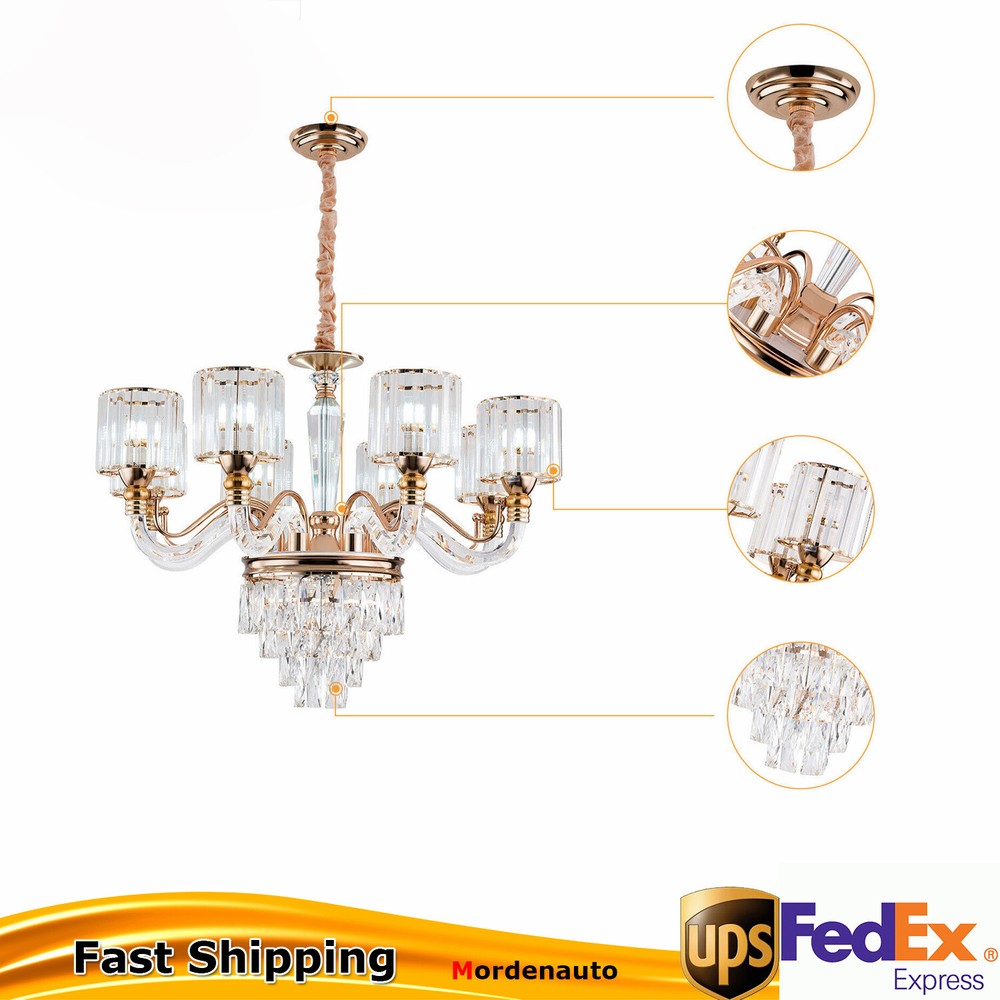 8 Lights Gold Large Crystal Chandeliers Ceiling Light Fixture for Living Room US