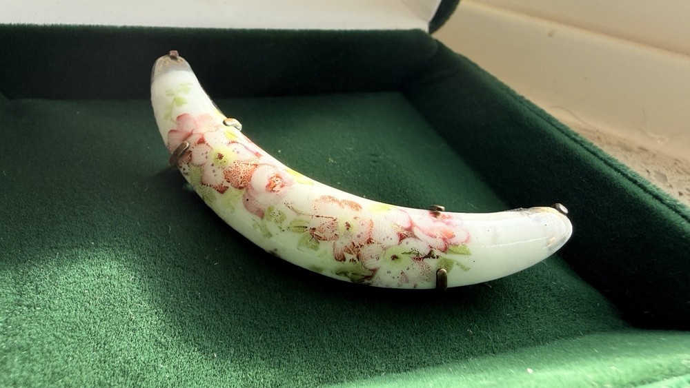 Antique Victorian Edwardian Crescent Moon Brooch Hand Painted Floral Pin