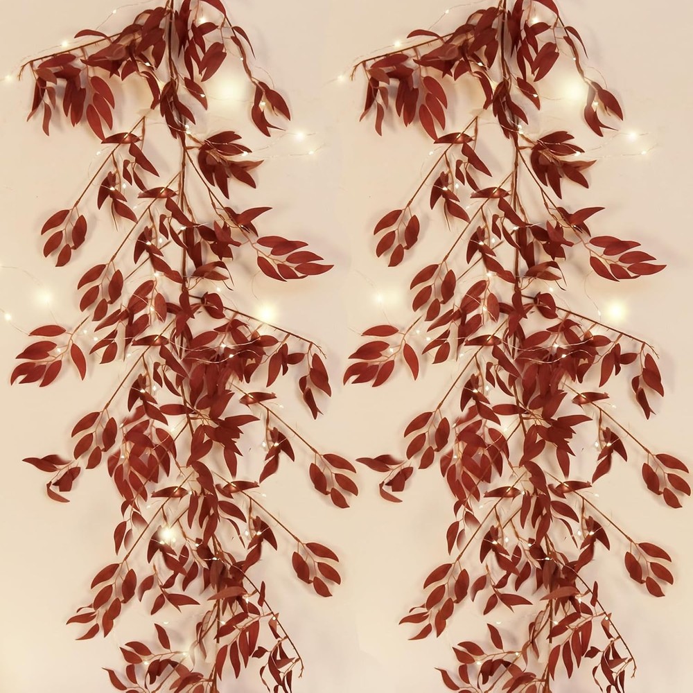 2Pcs 5.7Ft Artificial Burgundy Willow Vine with White Lights for Fall Decor