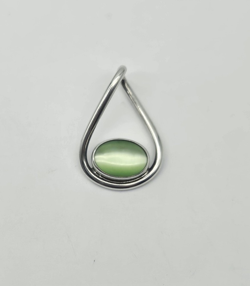 Vintage Sterling Silver Green Cats Eye Chrysoberyl Gemstone Twist Pendant - 8.2g