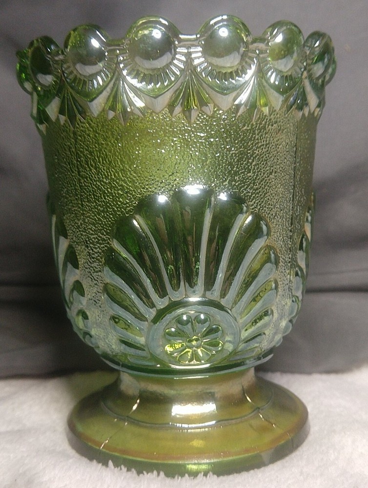 1880's Westmoreland Shell & Jewel Green Iridescent Carnival Glass Open Sugar